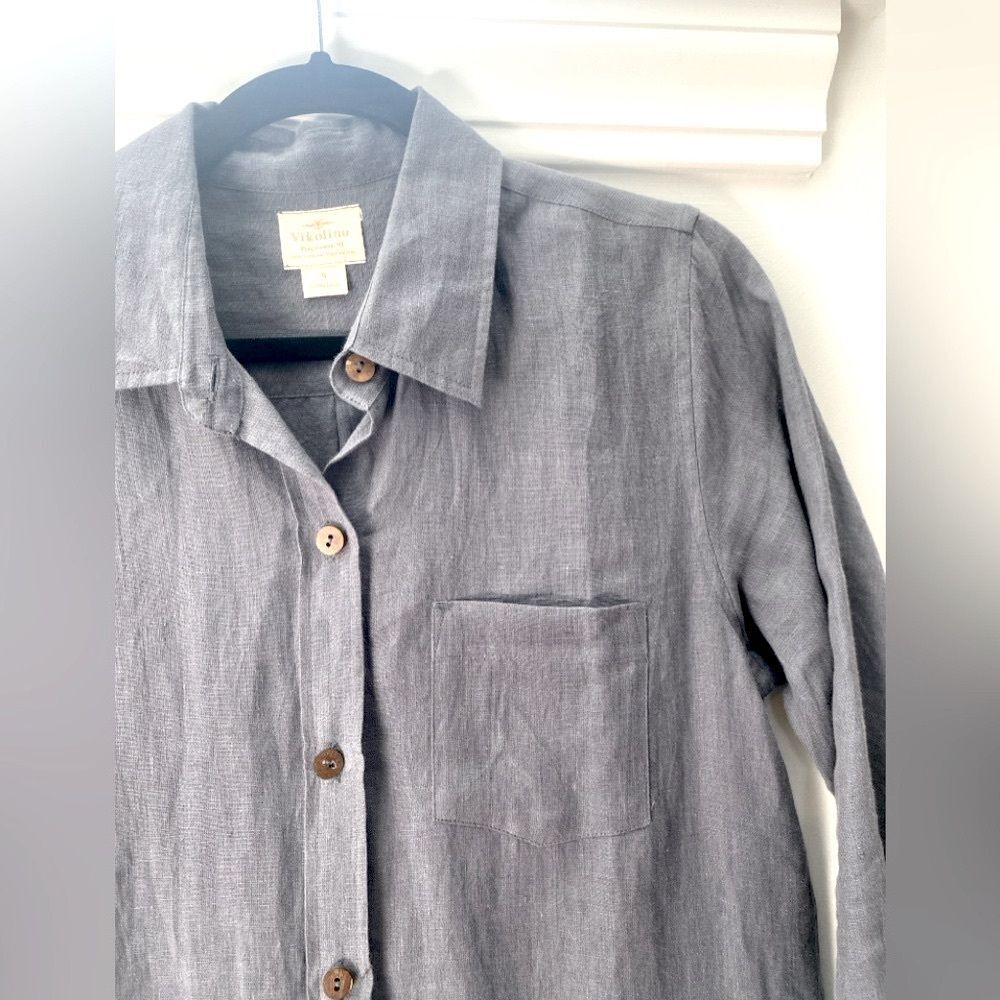 Vikolino European Linen Shirt Dress S Small Gray Lagenlook Button Down Classic - Picture 7 of 10
